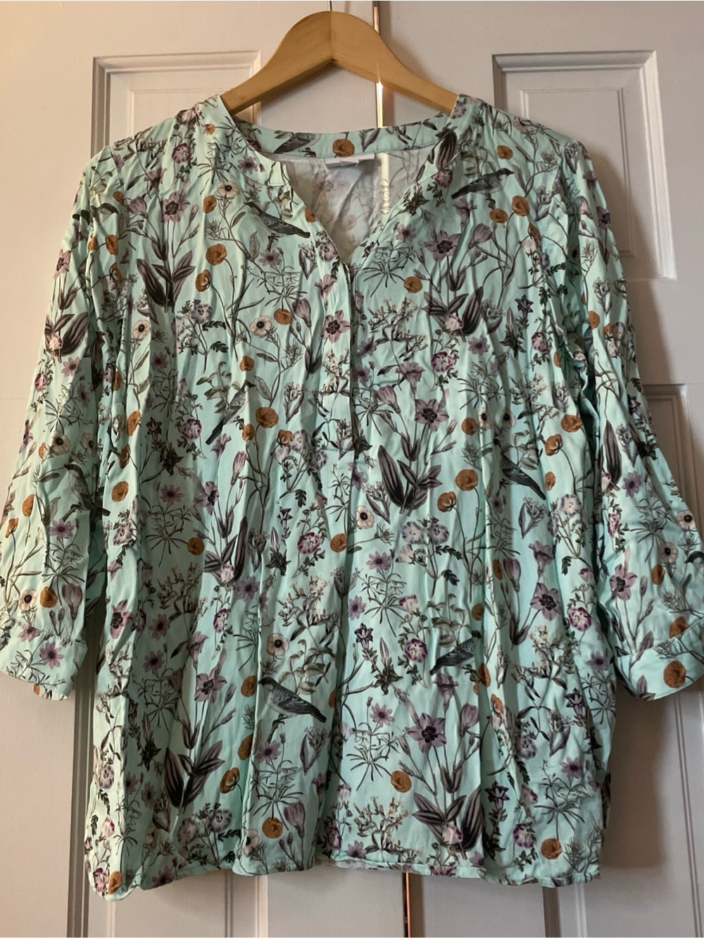 J. Jill Botanical Birds Printed Satin Top Celadon Green Floral Blouse M
